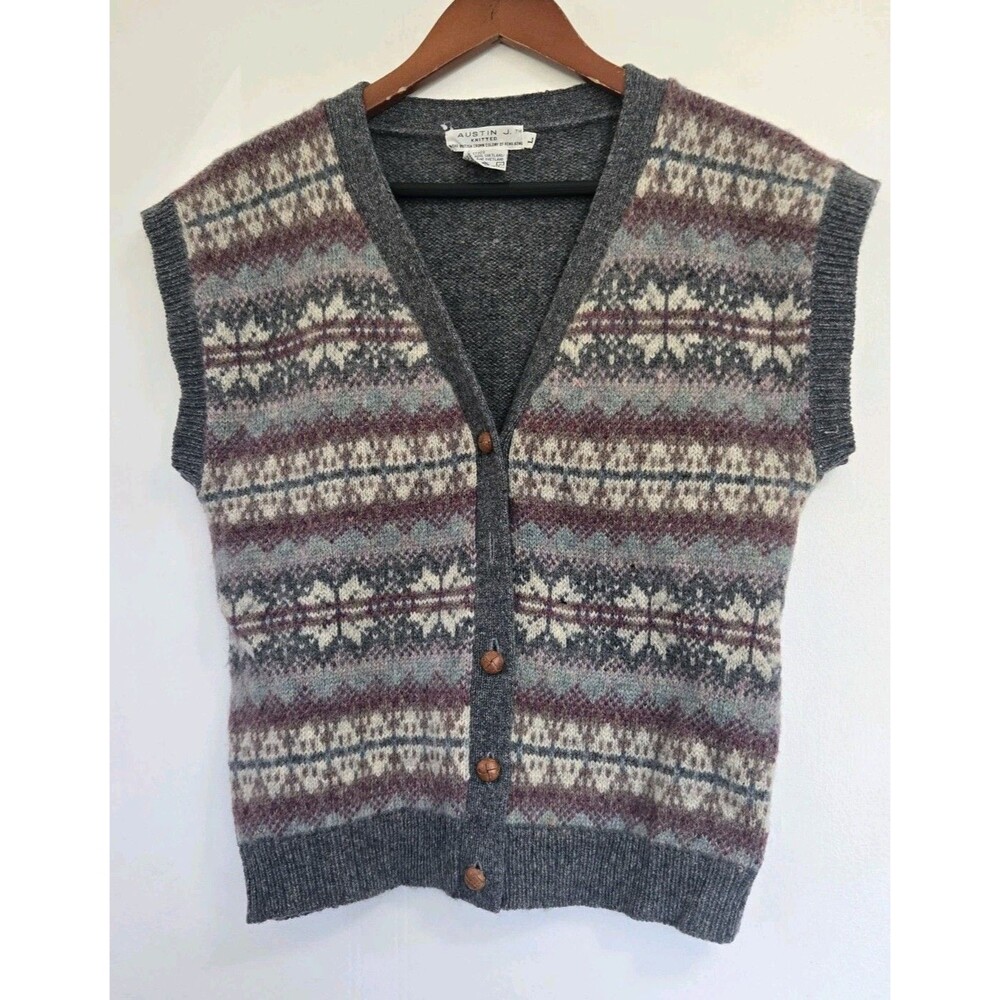VTG Austin J Vest Mens L Gray Nordic Fair Isle Shetland Wool V Neck Preppy